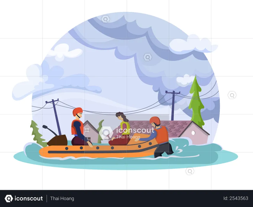 Rescue team saving people in flood  Illustration