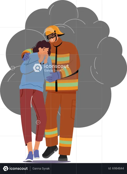 Rescuer assists woman to escape burning building  Illustration