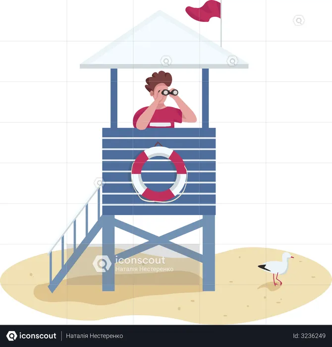 Rescuer with binoculars in lifeguard tower  Illustration