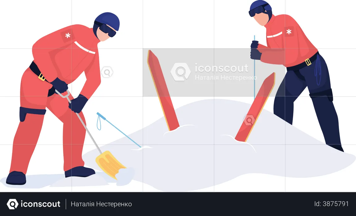 Rescuers digging skier out  Illustration