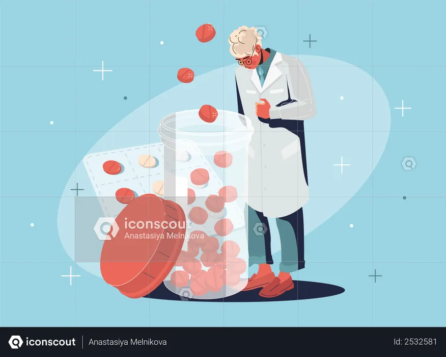 Researcher standing with drugs  Illustration