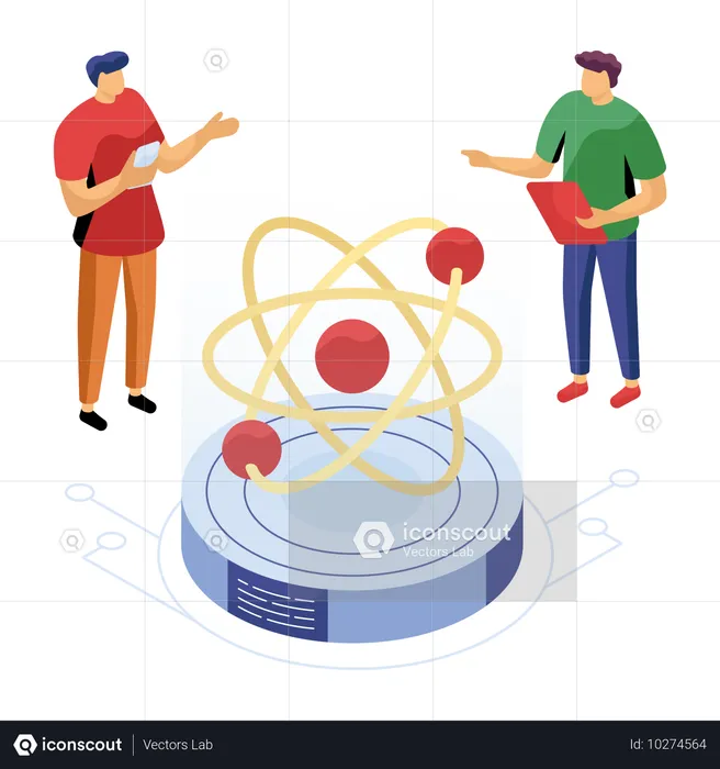 Researchers discussing atomic model of chemicals  Illustration