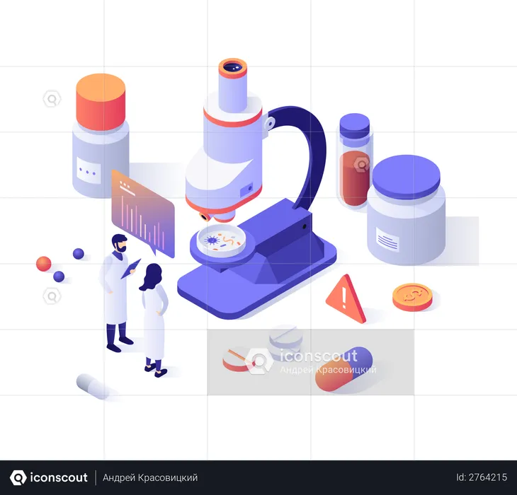 Researchers in lab coats, microscope, pills, test tubes  Illustration