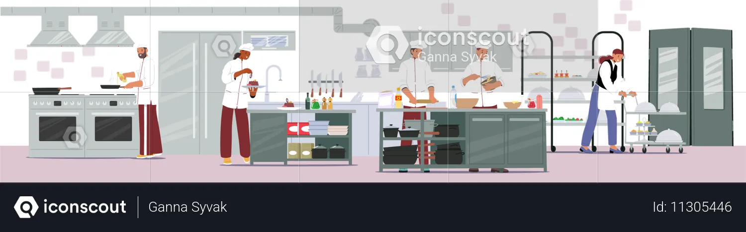 Restaurant kitchen professional staff cooking preparing culinary dishes providing catering service  Illustration