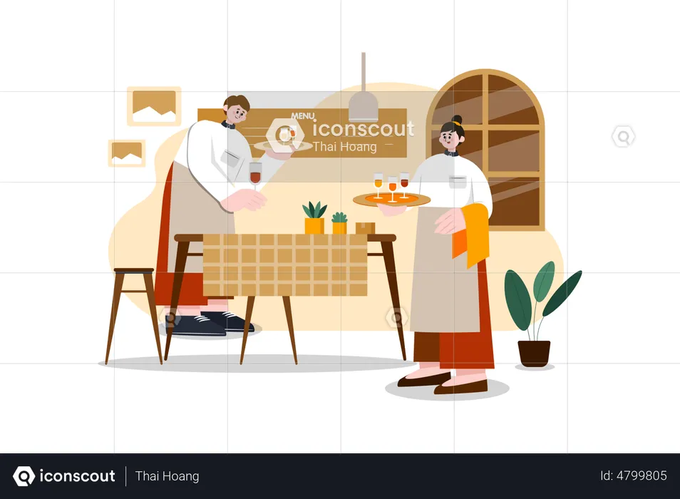 Personnel du restaurant servant la commande sur table  Illustration