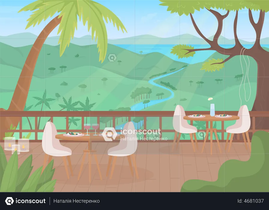 Restaurant terrace at highland resort  Illustration