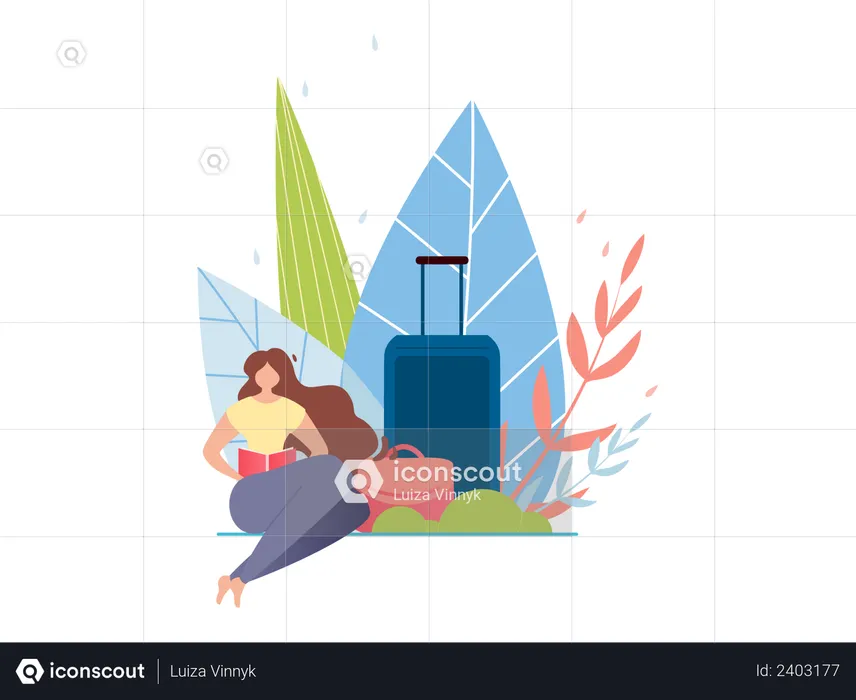 Resting Woman with Baggage in Summer  Illustration