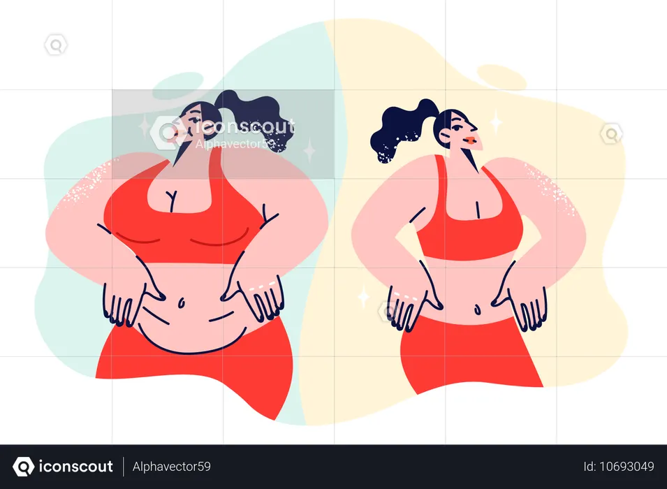 ダイエットとフィットネスのおかげで余分な体重を落とした太った女性の減量結果  イラスト