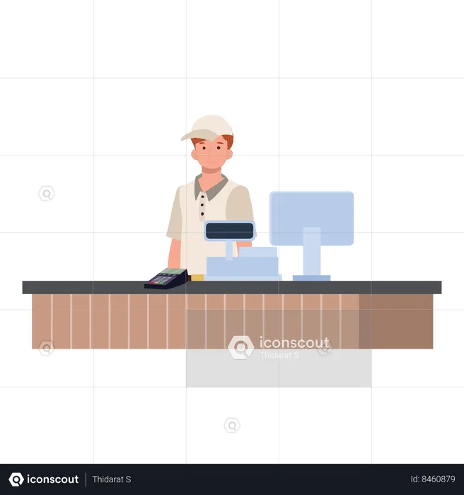 Retail salesman at cashier desk  Illustration