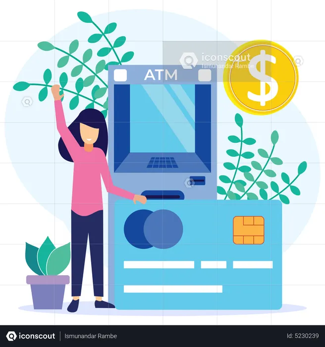 Retirada de dinheiro usando cartão ATM  Ilustração