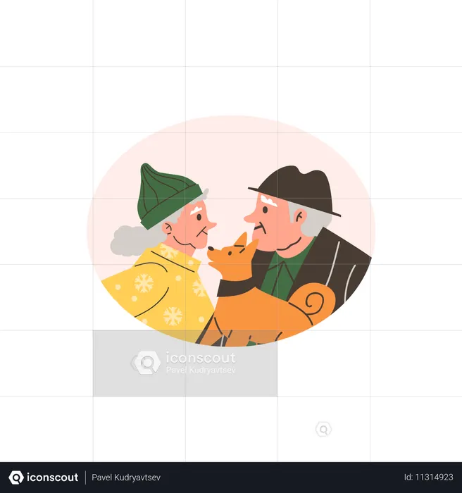 Retired couple with gray hair happily spending time with their dog  Illustration