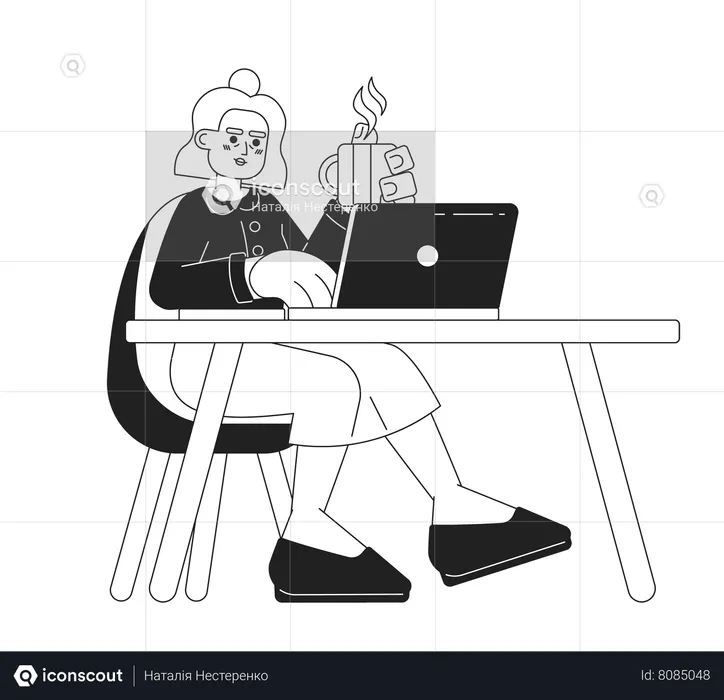 Retired elderly woman typing laptop  Illustration