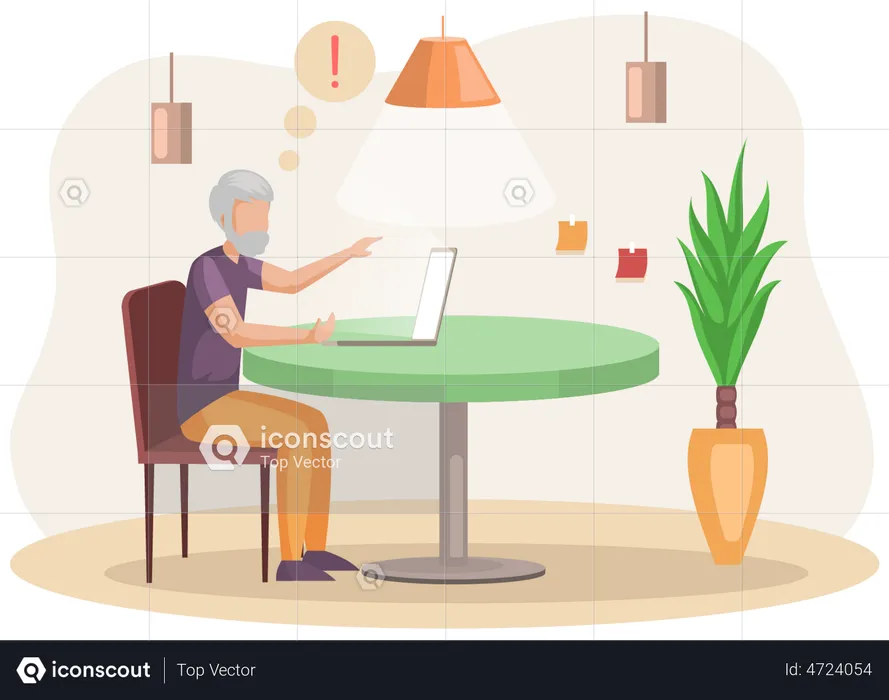 Retired man sitting with computer at home  Illustration