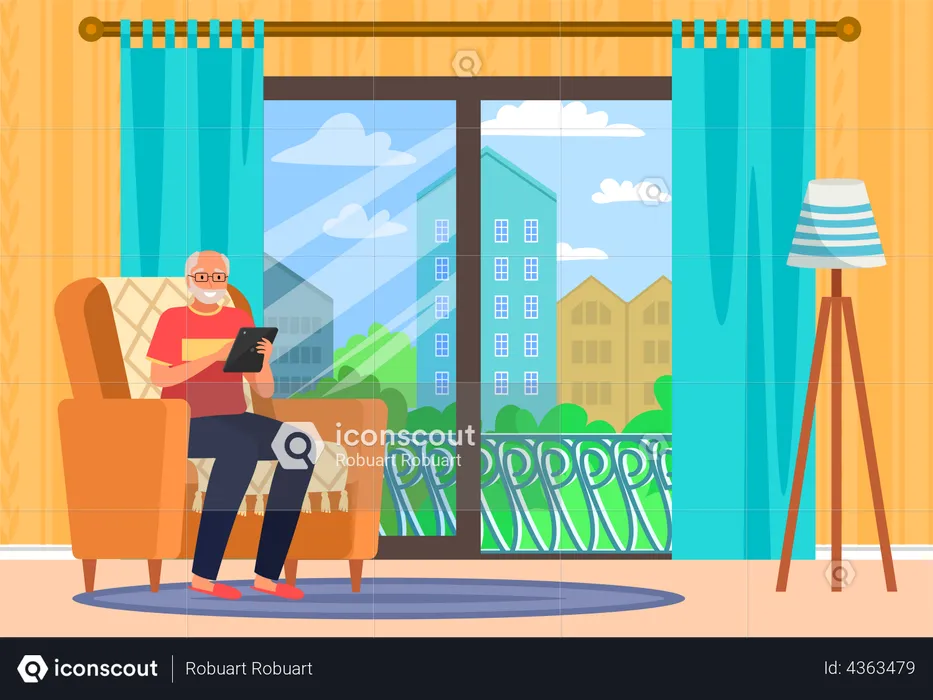 Retired man using smartphone while sitting on sofa  Illustration