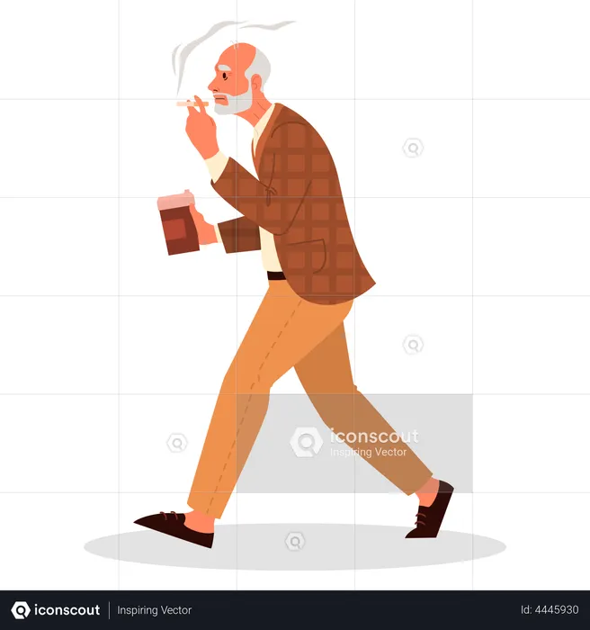 Retired man walking with a cup of coffee  Illustration