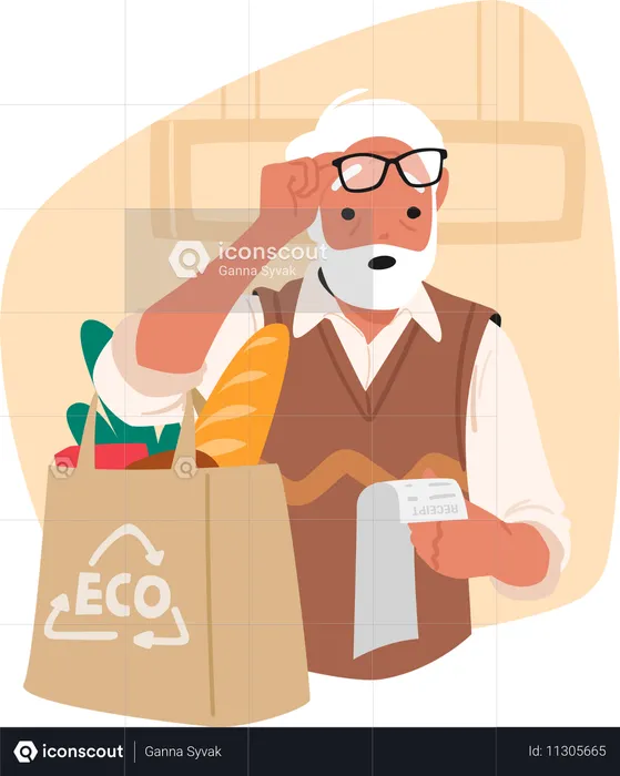 Retired senior man customer feeling shock looking at shopping receipt bill  Illustration