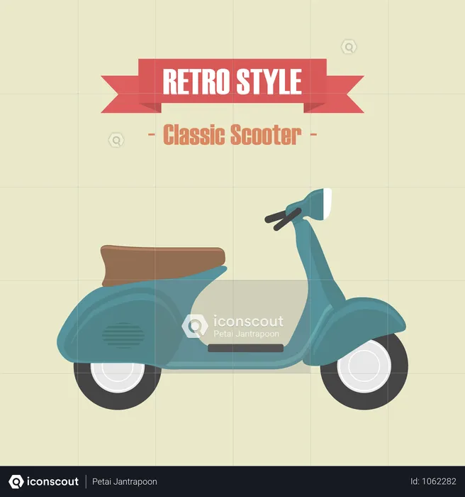 Retro Blue Scooter, Vintage Style  Illustration