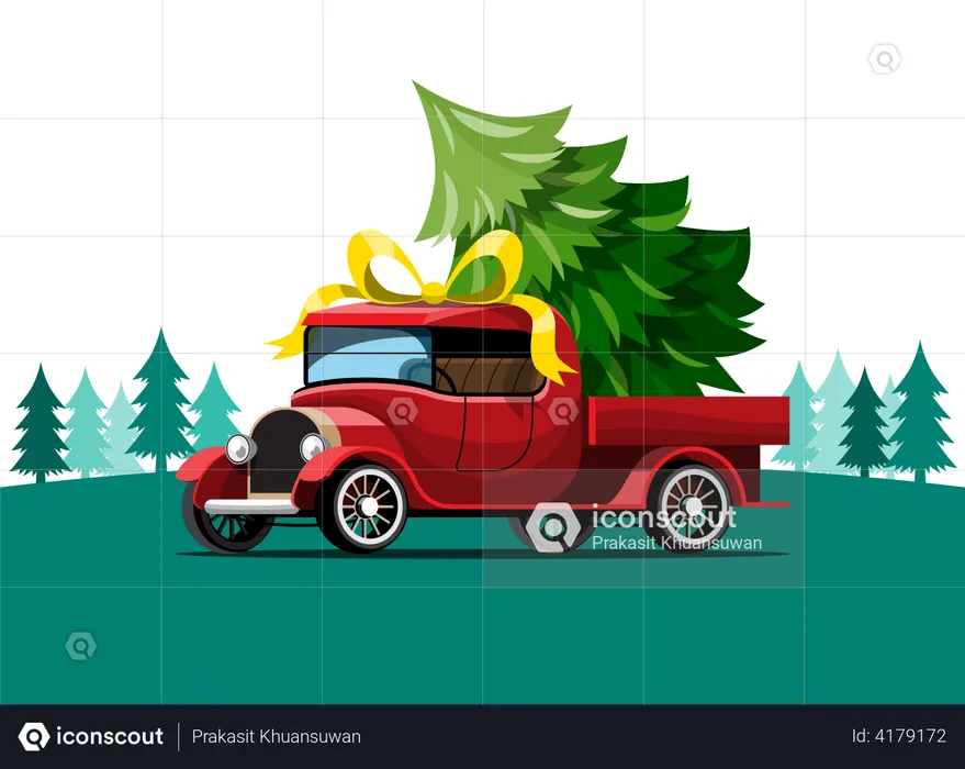 Retro Car loaded with Christmas tree  Illustration