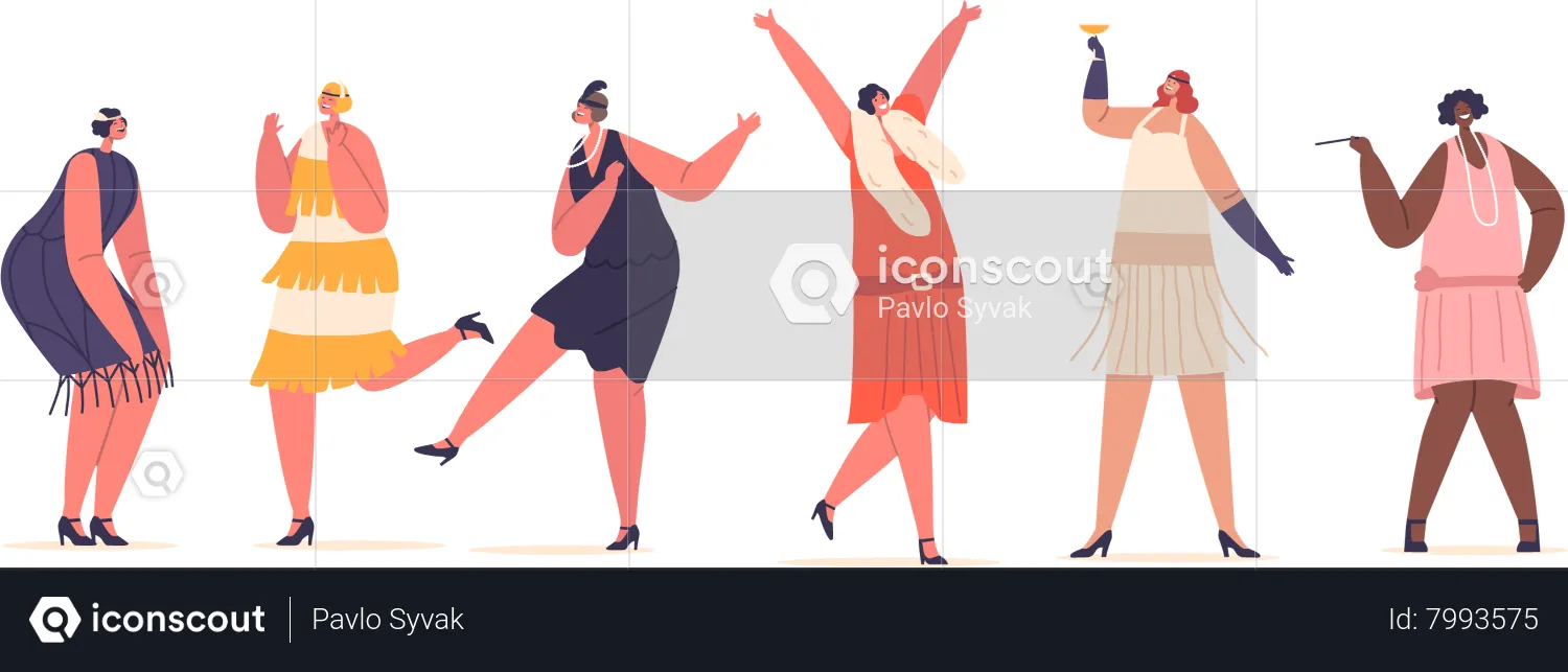 Retro Girls Characters Dance Captures The Essence Of Vintage Glamour  Illustration