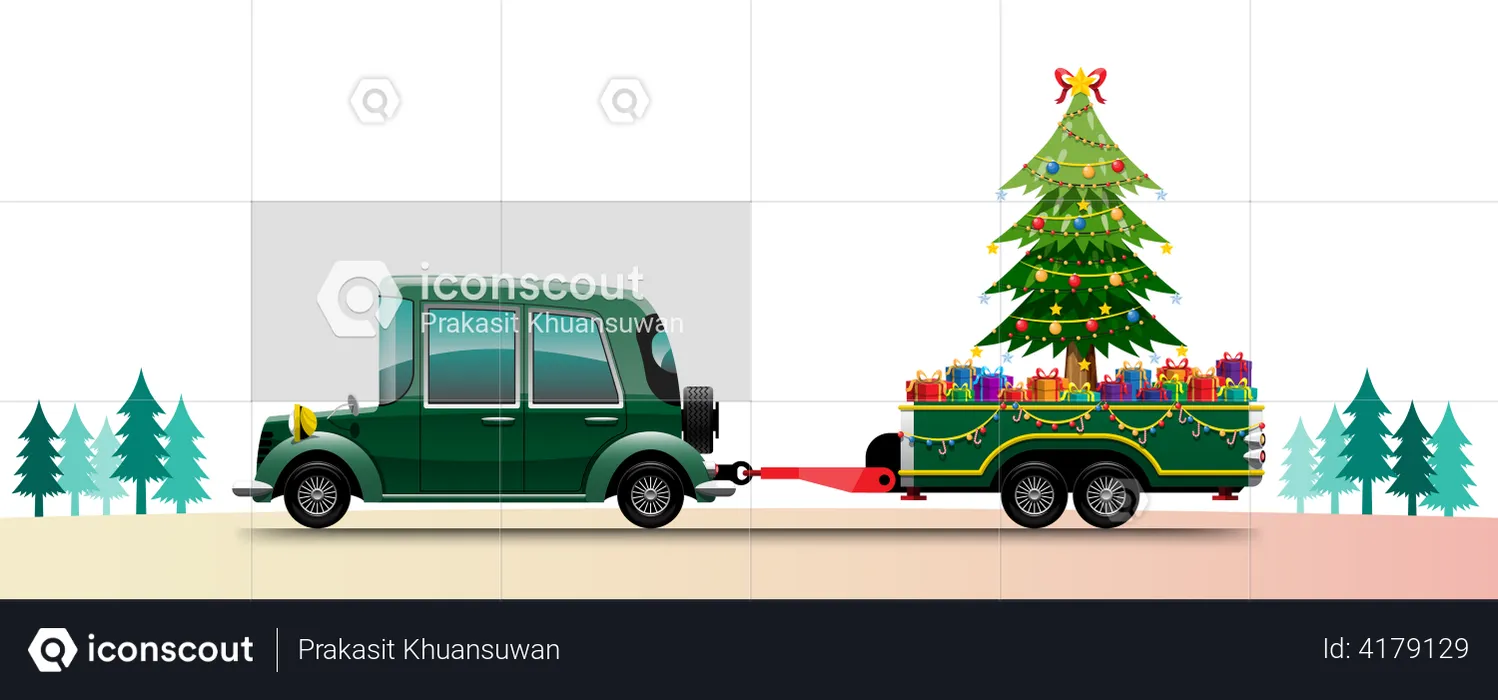 Retro pickup truck with Christmas tree  Illustration