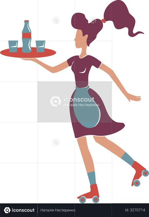 Retro style roller waitress serving  Illustration