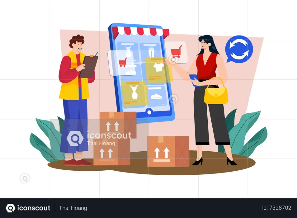 Returns and exchanges specialist assisting customers with returns and exchanges  Illustration