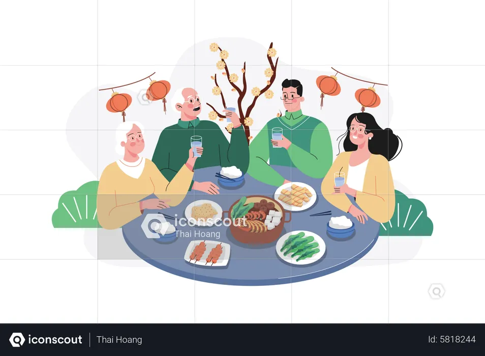 Família asiática reunida para jantar de ano novo chinês  Ilustração