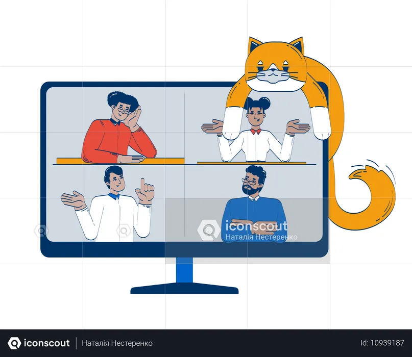 Rencontre virtuelle avec un chat joueur allongé devant son ordinateur  Illustration