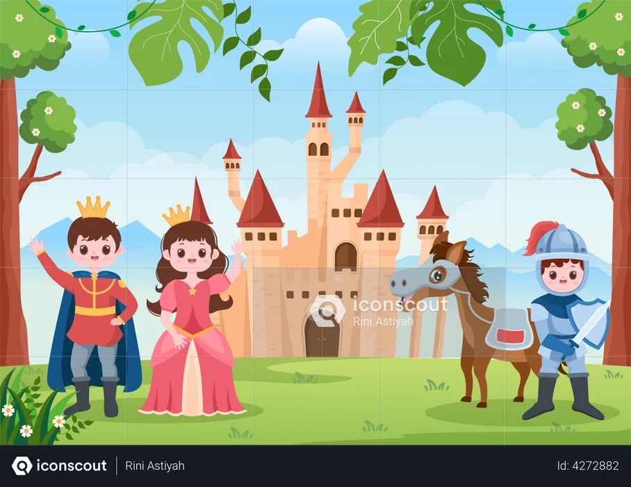 Rey y reina de pie con caballero cerca del castillo  Ilustración