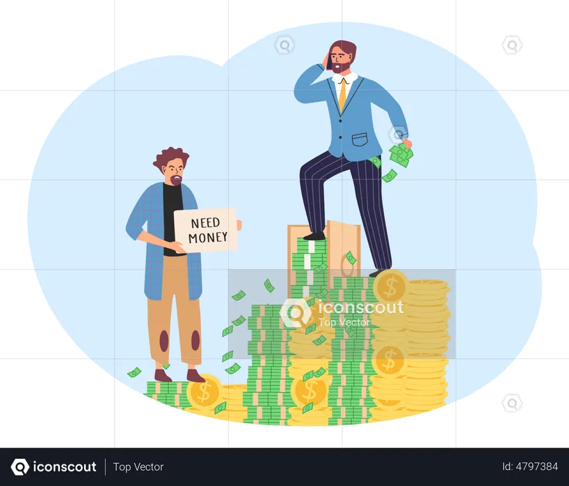 Rich and poor people. Guy that needs money, successful millionaire standing on stack of dollar bills  Illustration