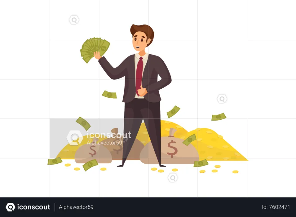 Rich businessman holding cash money  Illustration