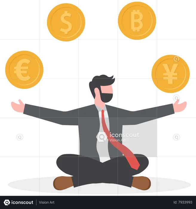 Rich businessman juggling various international money coins  Illustration