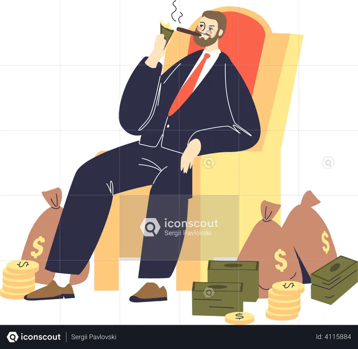 Rich businessman lighting cigar with dollar  Illustration