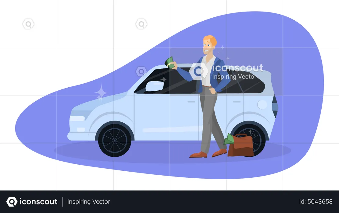 Rich businessman standing at the new car  Illustration