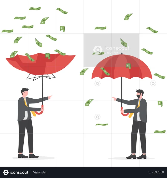 Rich businessman using umbrella to collect falling money from investment thunderstorm  Illustration