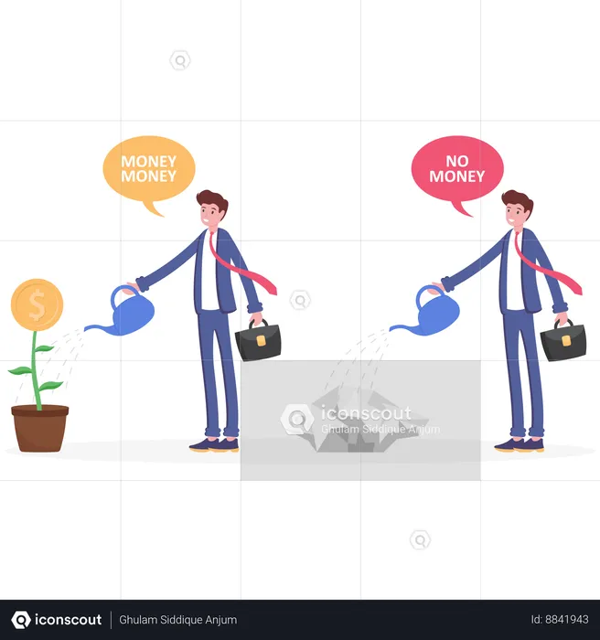 Rich businessman watering can money tree plant and poor businessman  Illustration