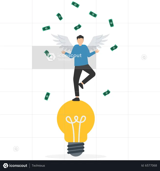 Rich businessman with angel wings on lightbulb idea with money banknote  Illustration