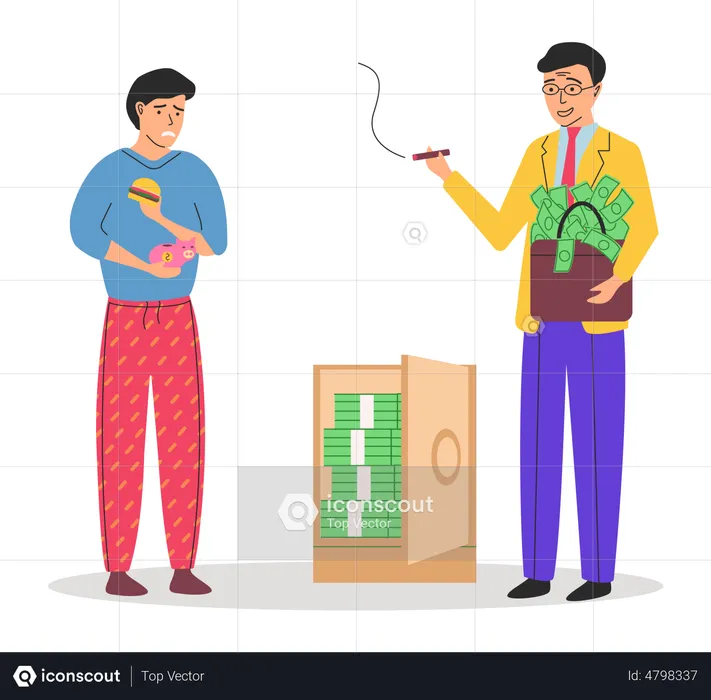Rich happy millionaire holding briefcase and poor man eating cheap fast food  Illustration
