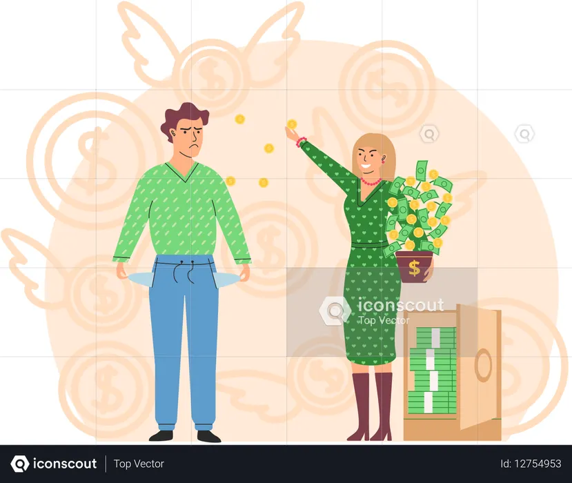Rich happy woman scatter bills poor man shows empty pockets  Illustration
