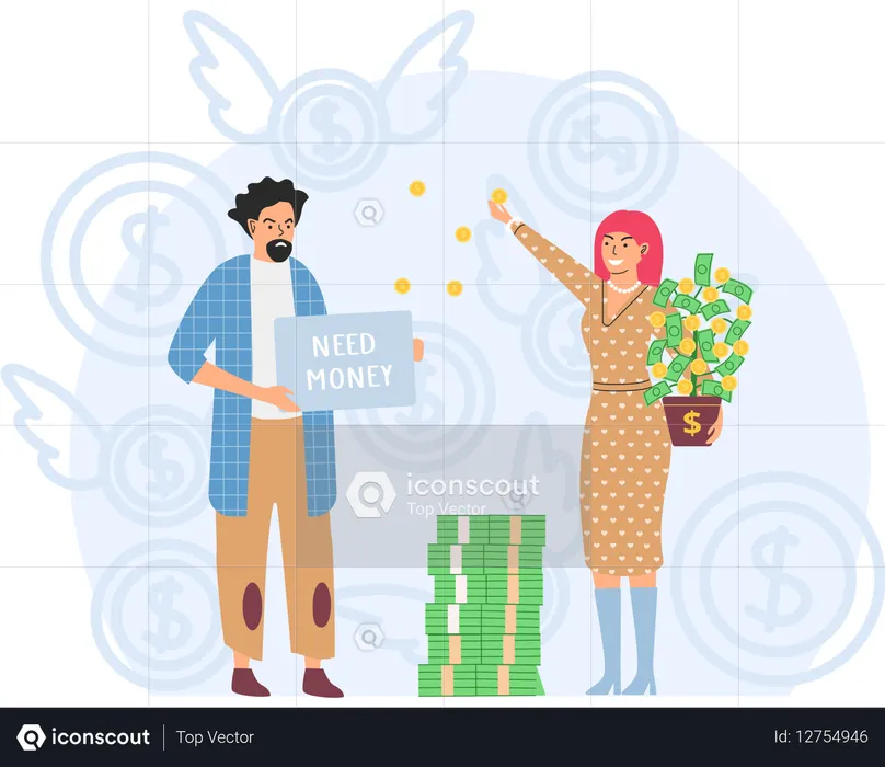 Rich happy woman scatter bills poor man tramp begging on street  Illustration