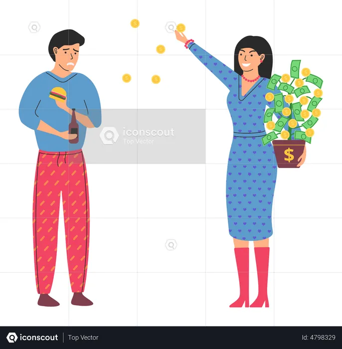 Rich happy woman scatter money while unhappy poor man eats cheap fast food  Illustration