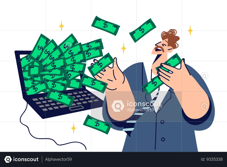 Rich man freelancer gets lot of money for working on internet  Illustration