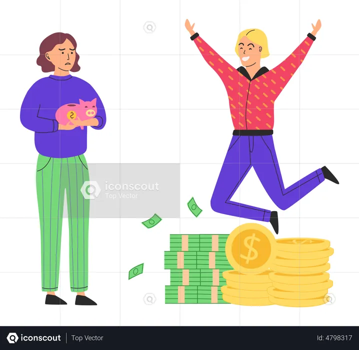 Rich man jumping and poor girl holding piggy bank  Illustration