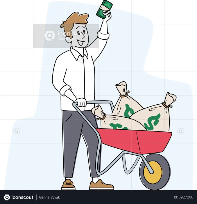 Rich Man with Wheelbarrow full of Dollar Sacks  Illustration