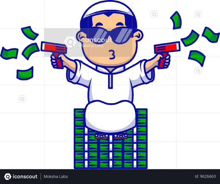 Rich moslem boy sitting on money  Illustration