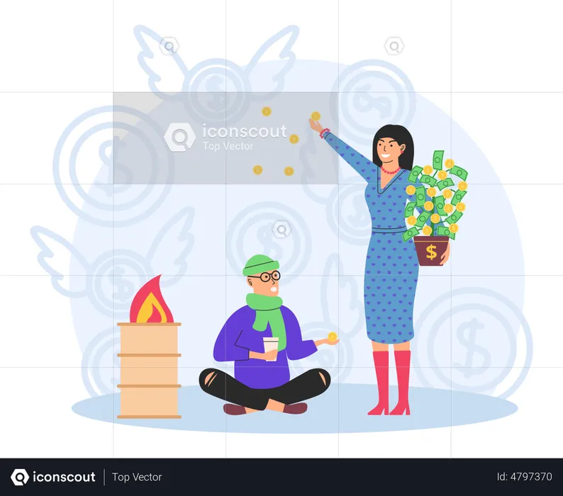 Rich woman giving cash to poor man  Illustration