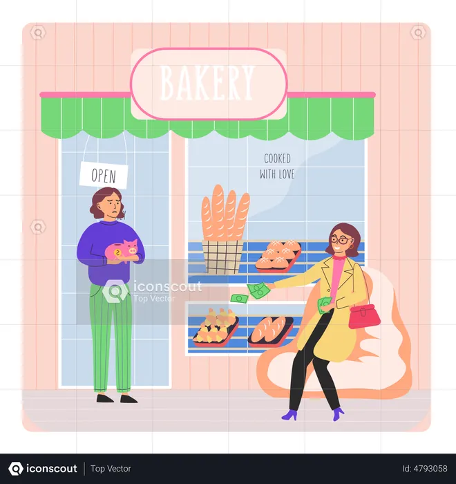 Rich woman giving money to poor bakery shop owner  Illustration