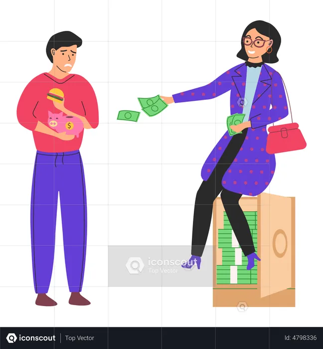 Rich woman giving money to poor man  Illustration