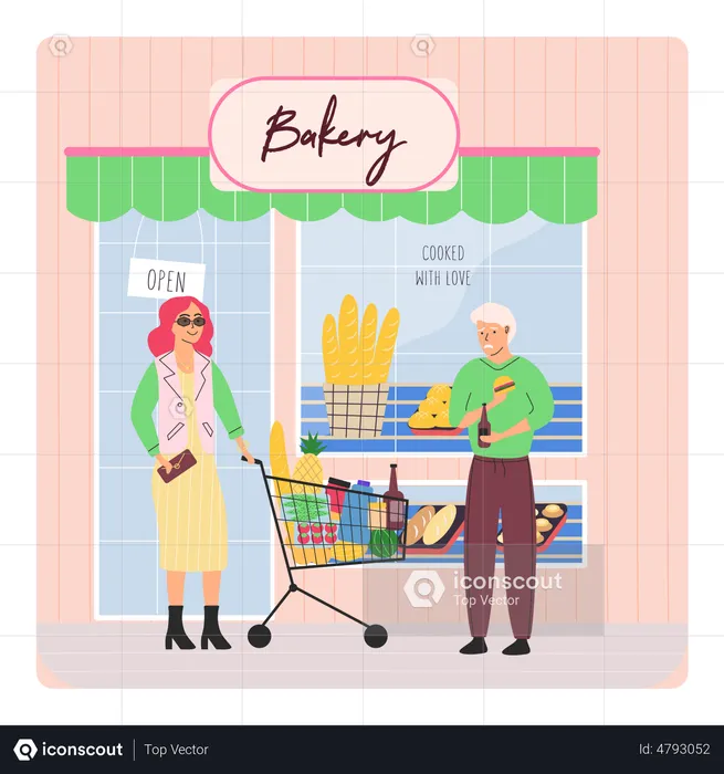 Rich woman shopping for grocery seeing poor old man  Illustration