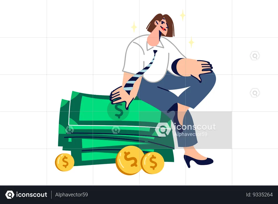 Rich woman sits on stack of money earned in business  Illustration